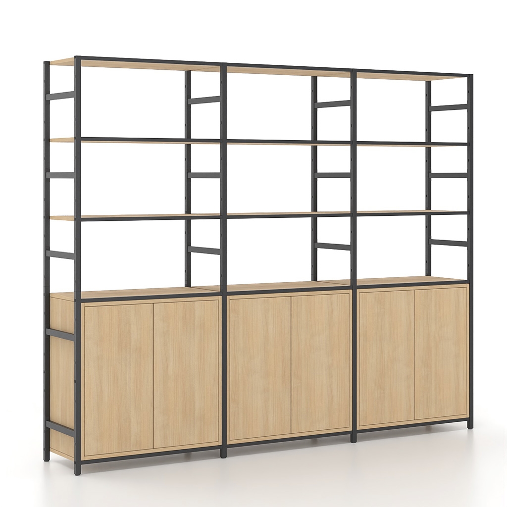 Aρθρωτό σύστημα ραφιών Syntheka, διάστασης 242x40x195H Χρώμα μετάλλου Ral7021-Φυσικό δρυς